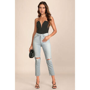 Lulus Babe Alert Black Notched Strapless Bodysuit - Size L